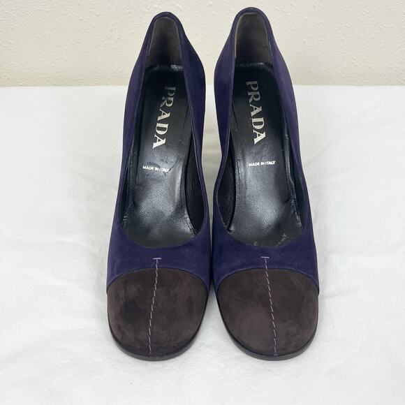 Prada Suede Colorblock Block Heels Womens Size 37.5 US 7.5 Purple Brown - Picture 3 of 7